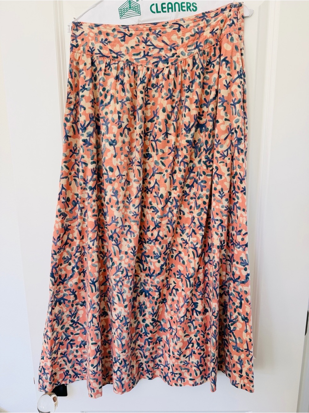 Mirth - Coral/blue/cream Floral Maxi Skirt with Blue Leaf Print